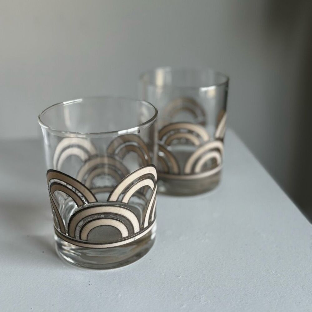MCM Clear Glass Tumblers with Gold and Cream Art Deco Arches (set of 2)